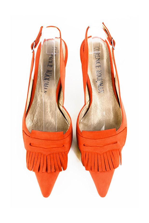 Clementine orange women's slingback shoes. Pointed toe. Medium spool heels. Top view - Florence KOOIJMAN